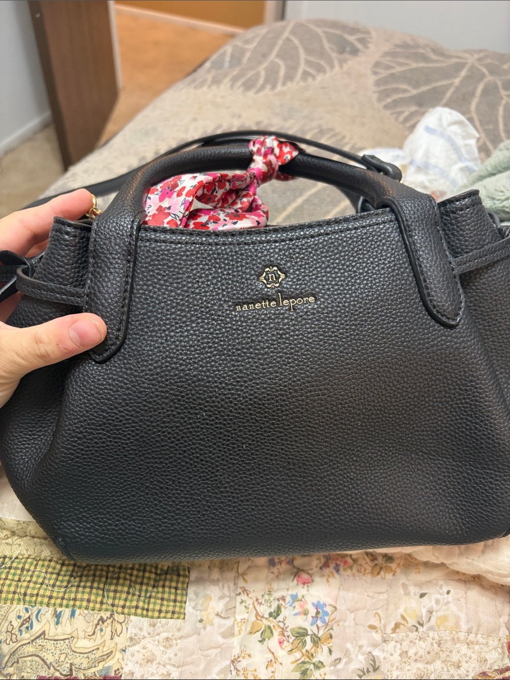 Nanette Lepore Black Pebbled Leather Satchel with Floral Accent